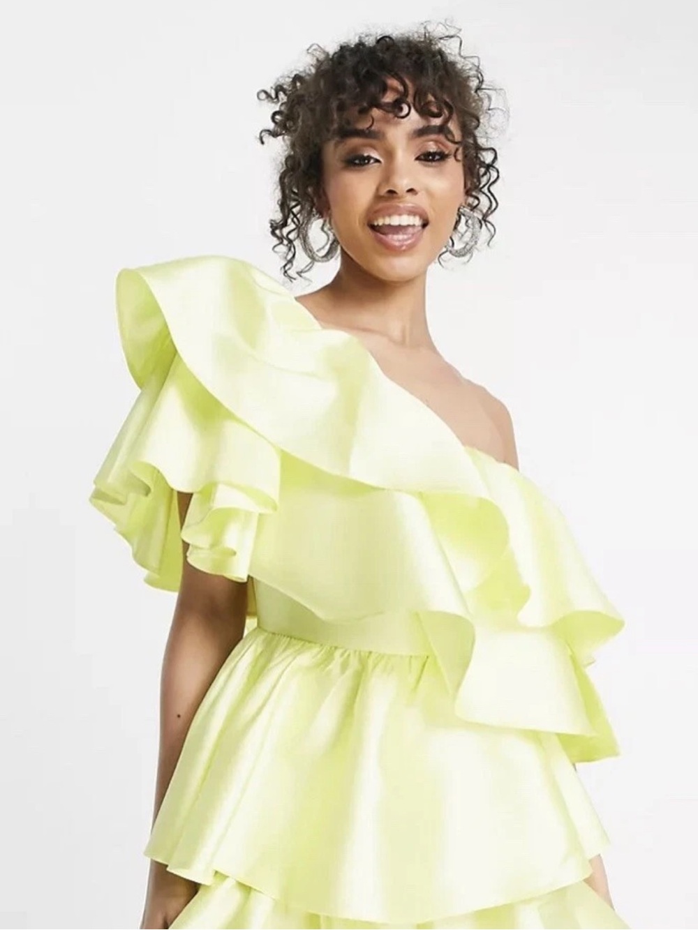 ASOS LUXE satin ruffle off shoulder mini dress in lemon-Yellow - Picture 3 of 7